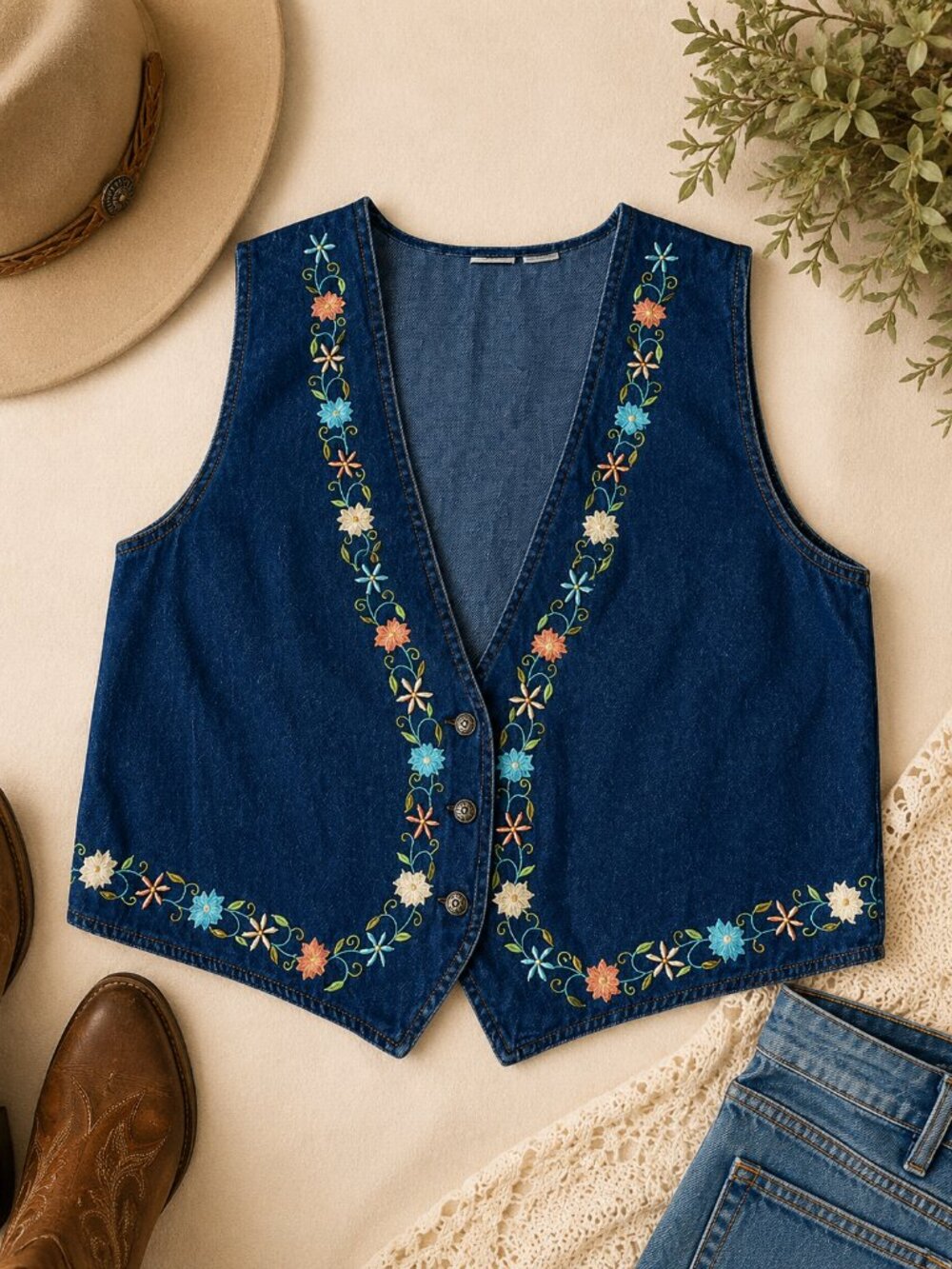 Vintage Stonybrook Embroidered Denim Vest Floral Cottagecore Western L
